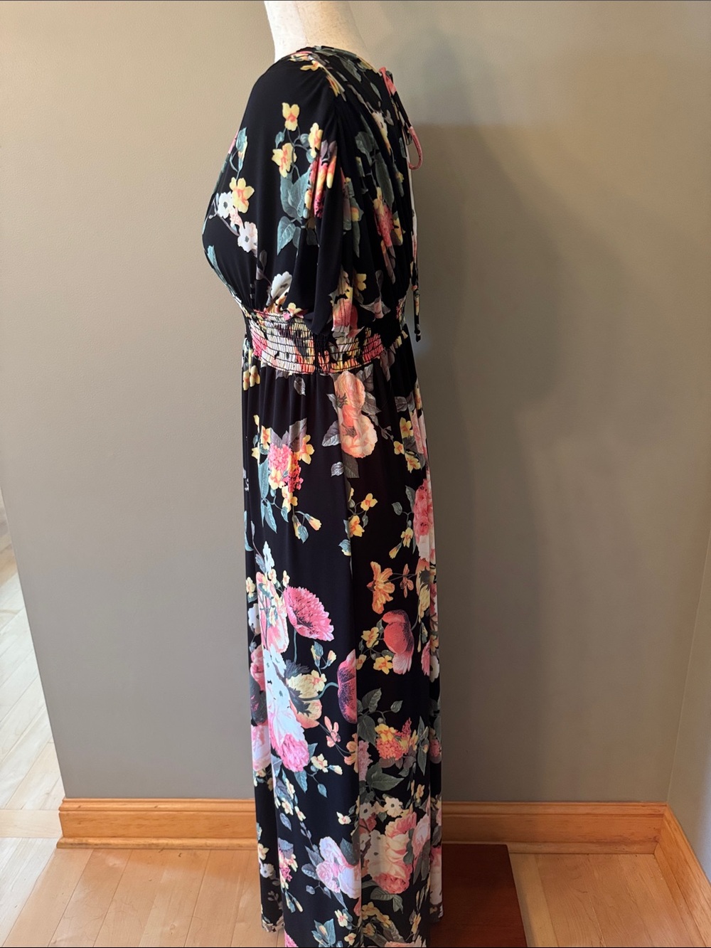 Emerald Black Maxi Dress with Pink, Coral & Green Floral Print Maternity - Picture 5 of 9